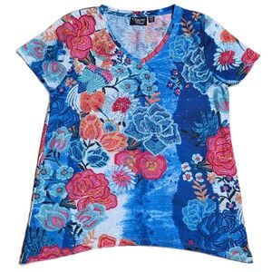 Onque Casual V Neck Short Sleeve Tunic Top Women's Size PM Embellished Floral